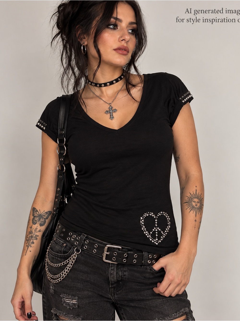 One Step Up Black Studded Peace Heart Top Women’s Medium Y2K Alt
